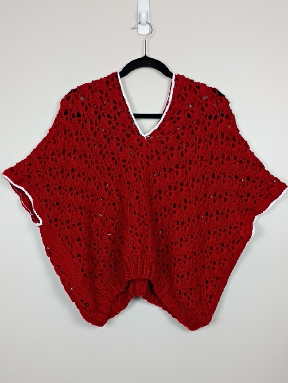 Vintage Red Crochet Poncho Sweater Knit Cape Game Day Fall Boho Western Shrug OS